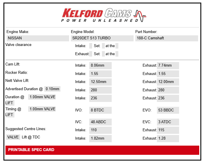 Kelford Cams Nissan SR20DET S13 Turbo Camshafts