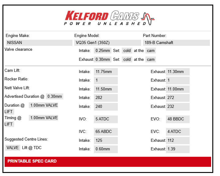 Kelford Cams Nissan 350Z VQ35 Gen1 Camshafts