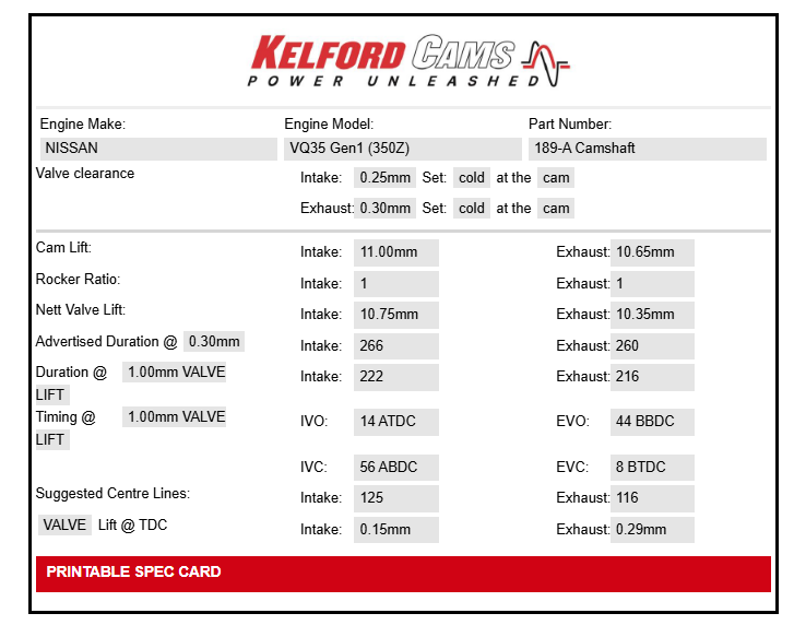 Kelford Cams Nissan 350Z VQ35 Gen1 Camshafts