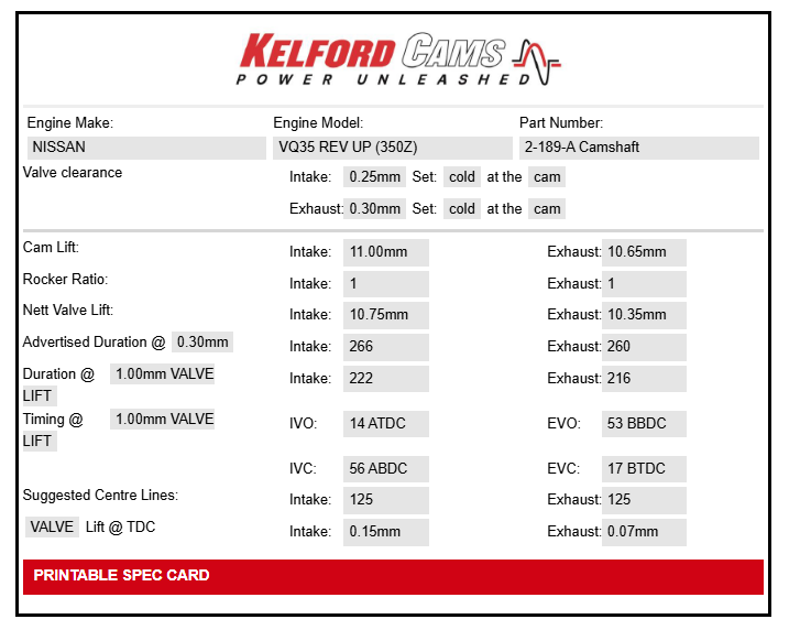 Kelford Cams Nissan VQ35 Gen2 Rev Up Camshafts