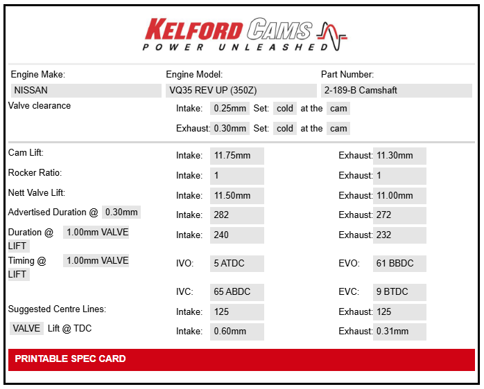 Kelford Cams Nissan VQ35 Gen2 Rev Up Camshafts
