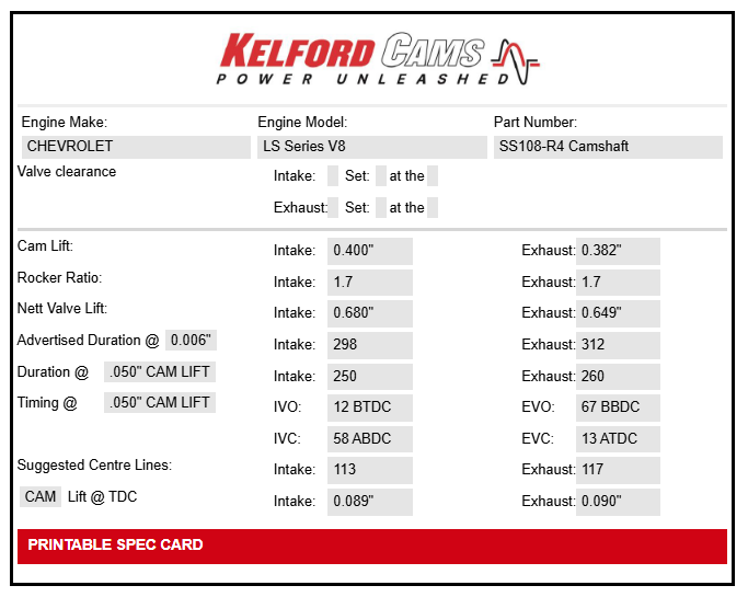 Kelford Cams Chevrolet LS V8 Series Camshaft