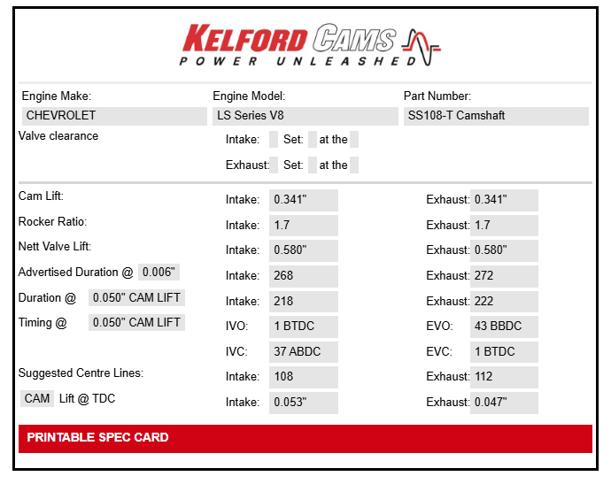 Kelford Cams Chevrolet LS V8 Series Camshaft