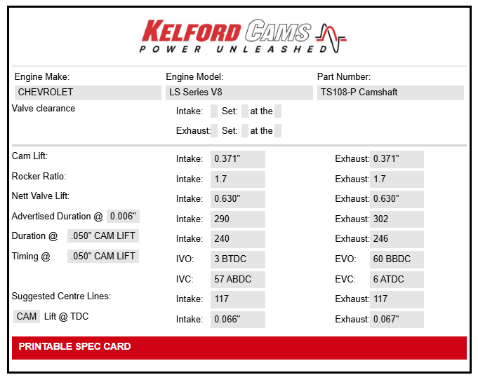 Kelford Cams Chevrolet LS V8 Series Camshaft